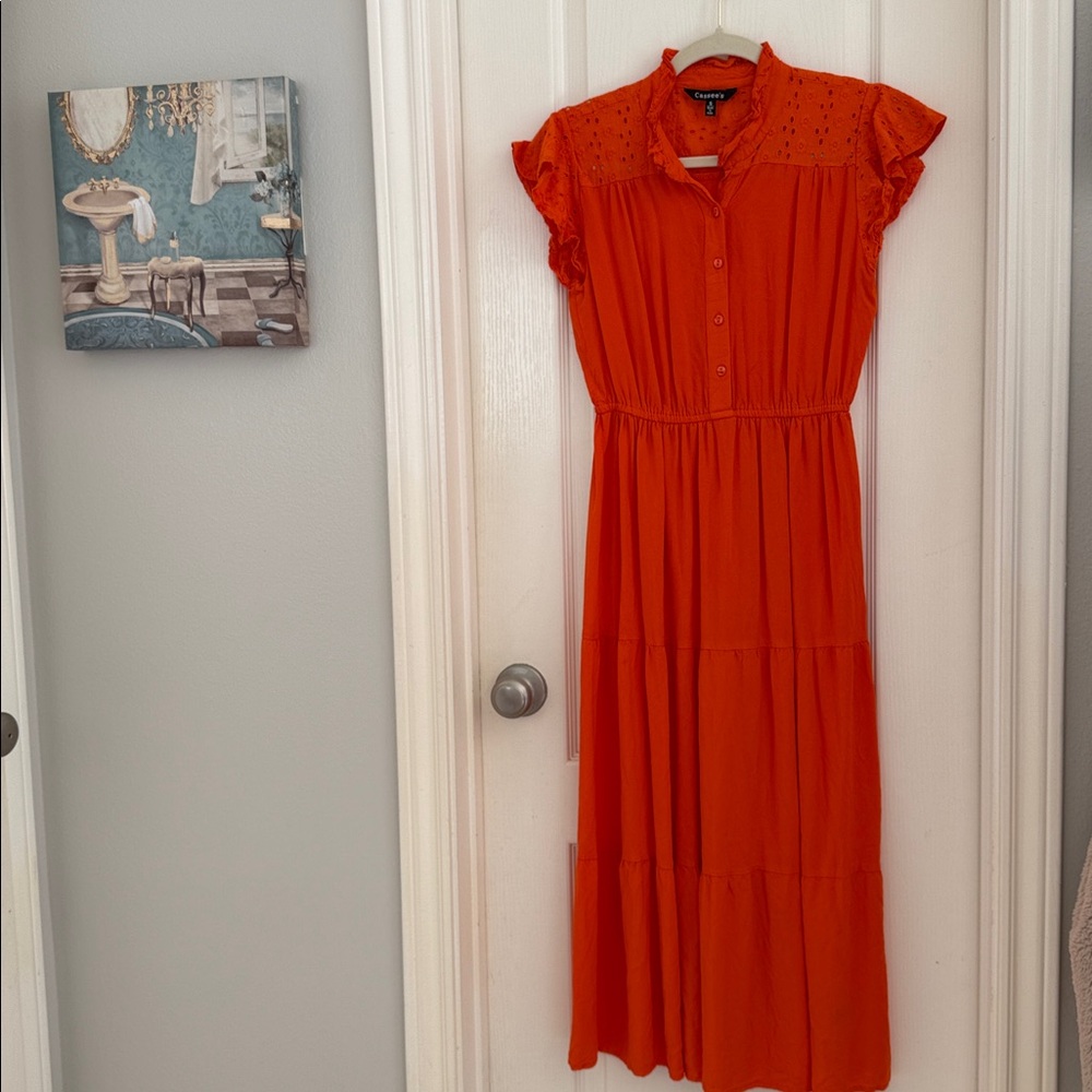 Orange Ruffle Sleeve Midi Dress